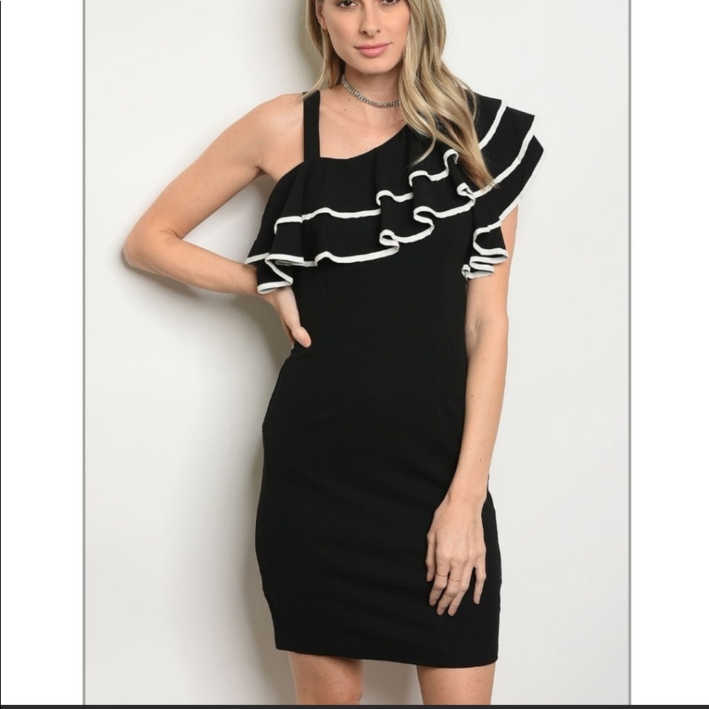 Brand New Black Dress Ruffled with White Strips